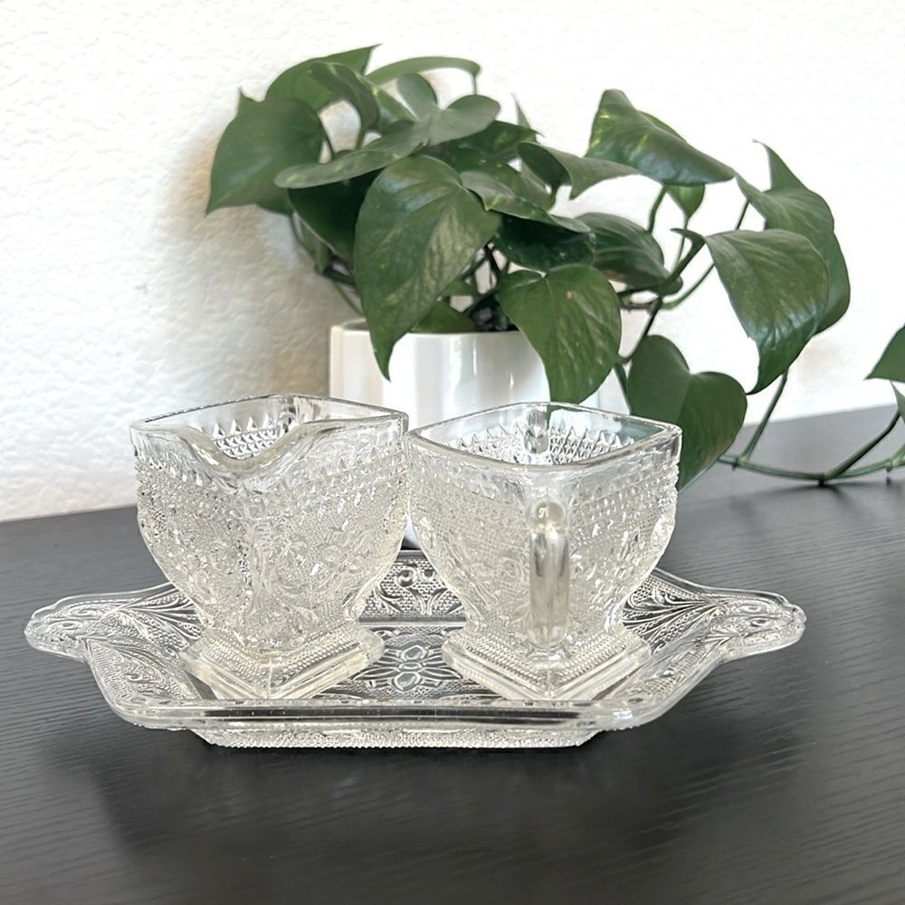 Vintage Mid-Century Pressed Glass Creamer and Open Sugar Bowl Set with Tray